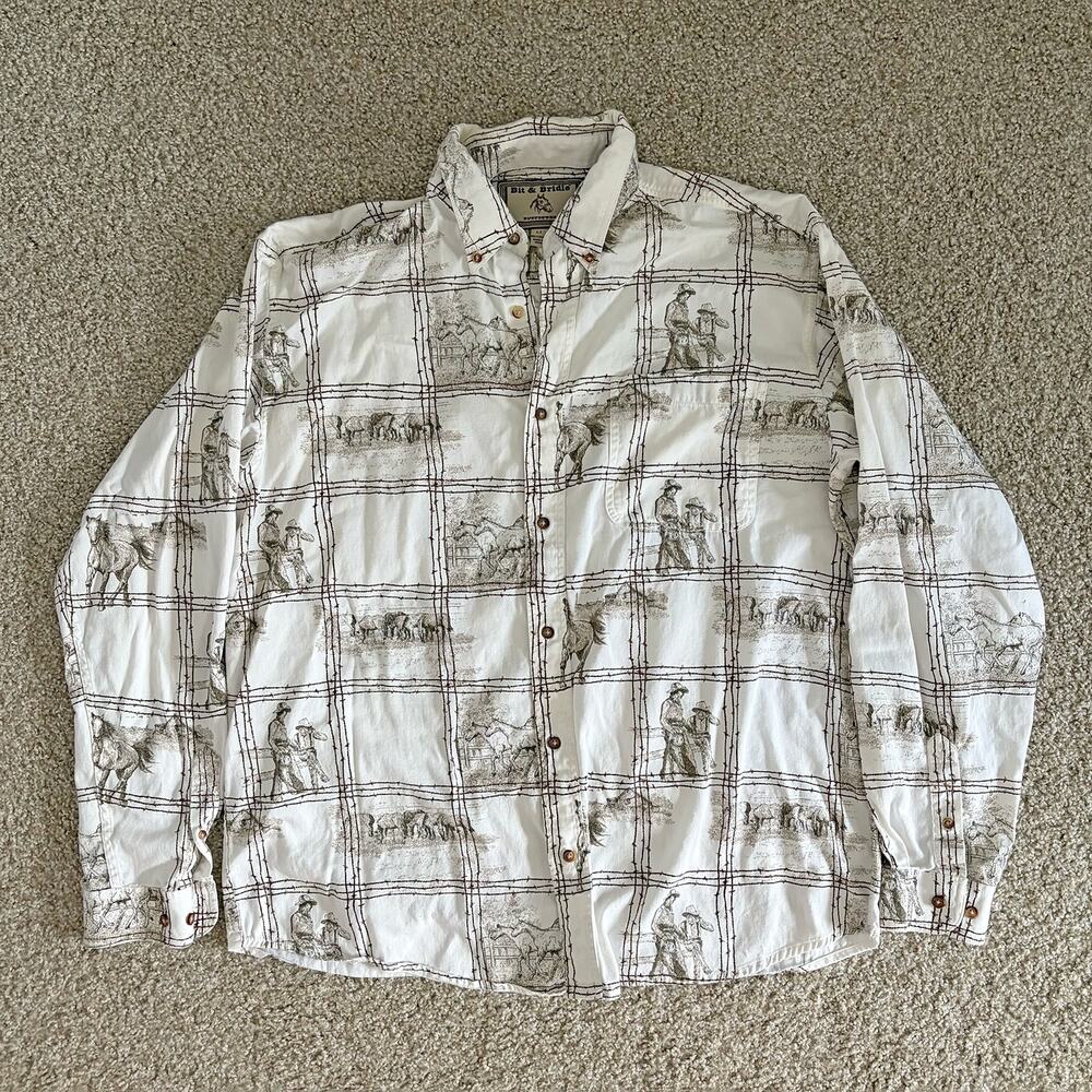 Horse Print Long Sleeve Button Up Bit & Bridle Outfitters Western Size L Tall